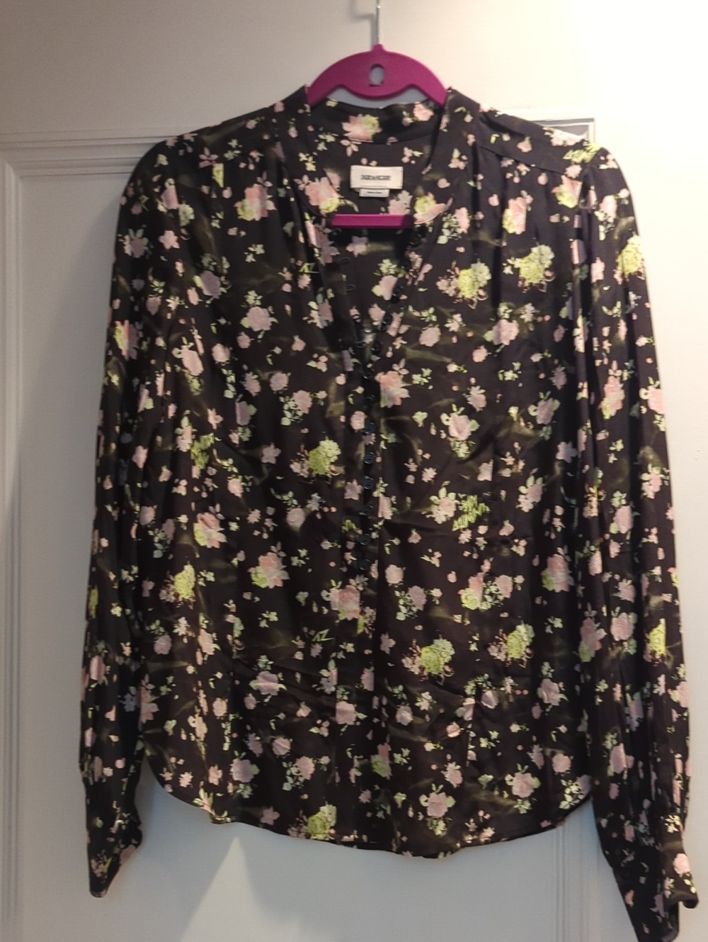 Womens Black Floral V-Neck Blouse - Pink & Green Print